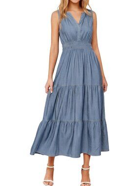 Sleeveless Denim Maxi Dress for Women | Flowy A-Line, Empire Waist, Pockets
